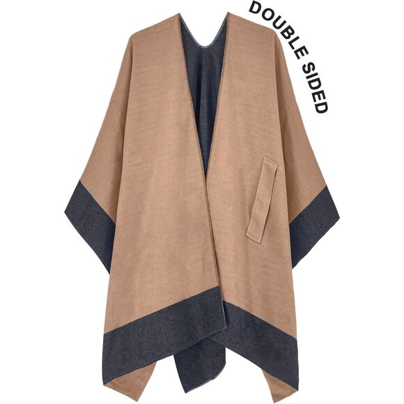 Women Shawl Wrap Poncho Ruana Cape Open Front Cardigan Fall Winter Grey Camel 2 - Picture 4 of 6